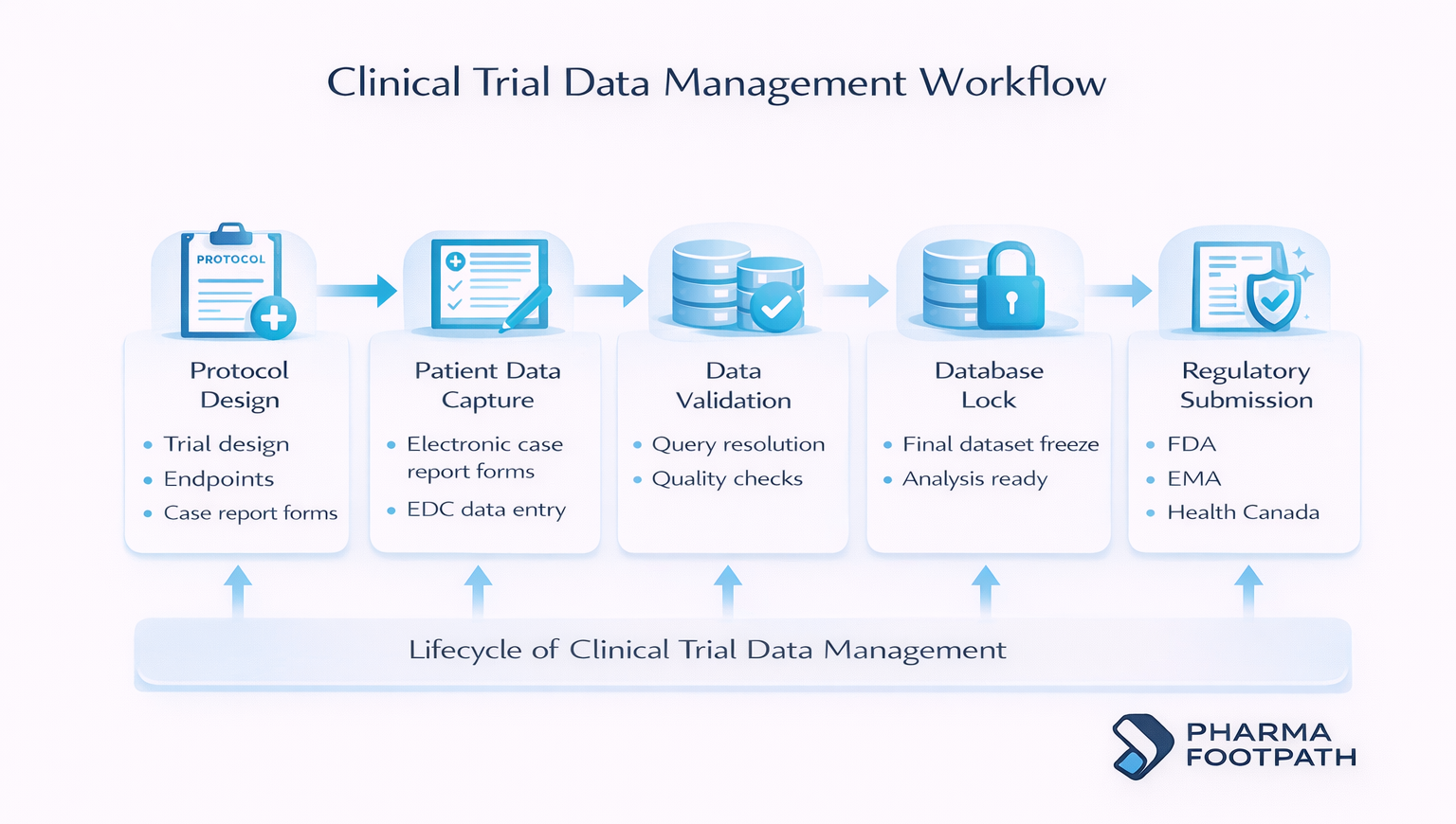 Clinical trial data management workflow showing protocol setup, patient data capture, validation, database lock and regulatory submission.