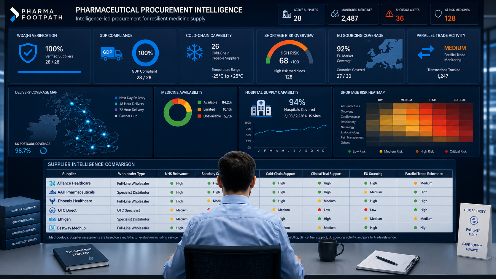 Pharmaceutical procurement dashboard comparing UK wholesalers by GDP compliance, cold-chain capability, NHS supply coverage, and shortage risk.